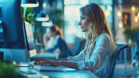 Side view of young businesswoman working on computer while sitting in officeの素材