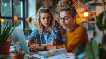 Portrait of two young businesswomen sitting at table and working in officeの素材