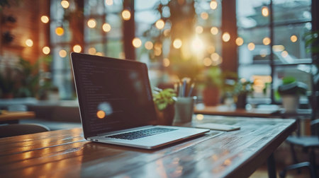 Laptop with blank screen on wooden table in coffee shop with bokeh background.の素材