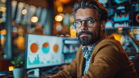 Portrait of confident businessman in eyeglasses looking at camera while working on computer in officeの素材