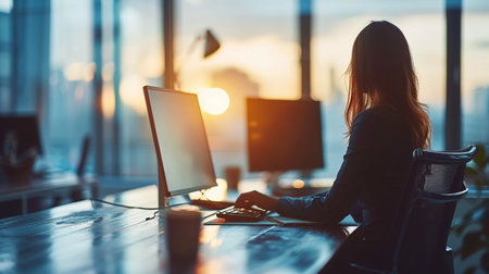 Side view of businesswoman working on computer in modern office at sunsetの素材