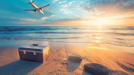 Travel concept. Suitcase and airplane on the beach at sunset.の素材