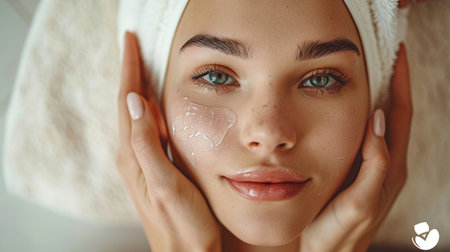 Beautiful young woman with a cosmetic mask on her face. Beauty treatment.の素材