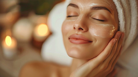 Beautiful young woman with facial mask in spa salon, closeupの素材