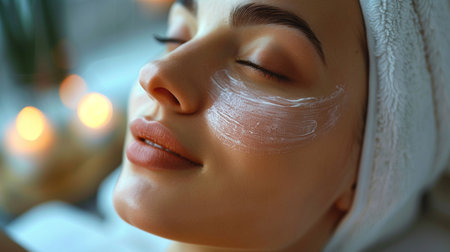 Beautiful young woman with facial mask at spa salon, closeupの素材