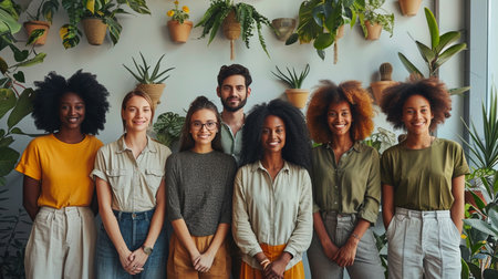 Portrait of a group of smiling young business people standing in a rowの素材