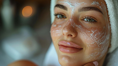 Beautiful young woman with clay facial mask on her face in bathroomの素材