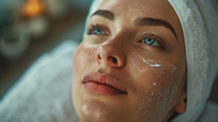 Young woman lying on a massage table and having a facial mask.の素材