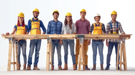Team of construction workers standing on a wooden table, isolated on white backgroundの素材