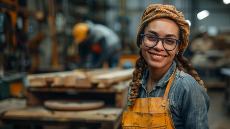 portrait of a young female carpenter smiling at the camera in her workshopの素材