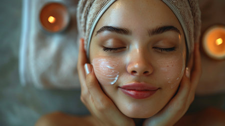 Beautiful young woman with towel on head applying facial mask at spa salonの素材