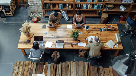 Top view of business people sitting at table and working in modern officeの素材