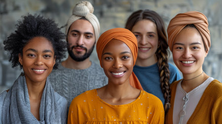 Portrait of multiethnic group of young people wearing headscarfの素材