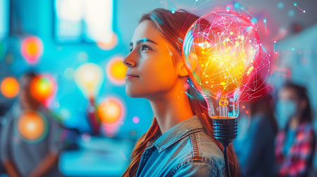 Young woman in casual clothes holding light bulb in front of her headの素材