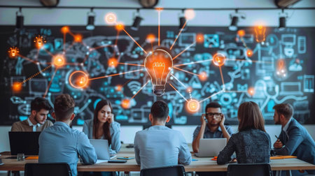 Group of business people working together in creative office with glowing light bulbの素材