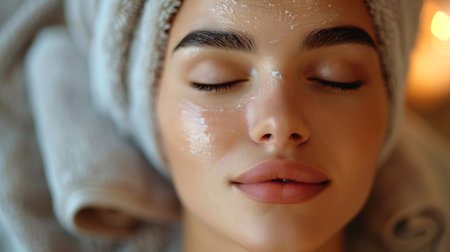 Beautiful young asian woman with towel on her head lying in spa salonの素材