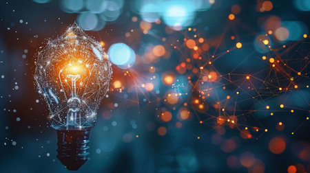 Glowing light bulb on dark background 3D rendering toned image double exposureの素材