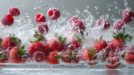 Strawberries and raspberries in water splash on gray backgroundの素材