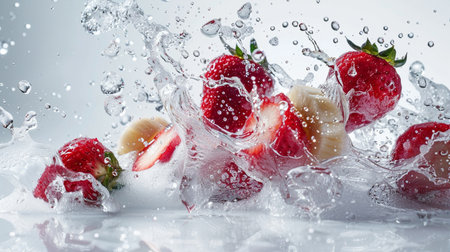 Strawberries splashing into water with a splash on a white backgroundの素材