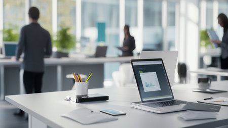 Laptop with web site on the table in modern office with blurred business people in the backgroundの素材