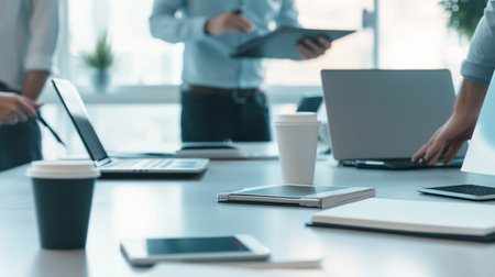 Close-up of business people working on laptop and digital tablet in modern officeの素材