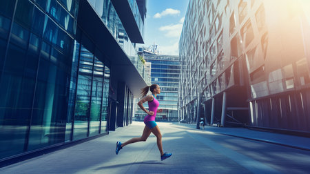 Young woman running in modern city. Runner in sportswear jogging outdoors.の素材