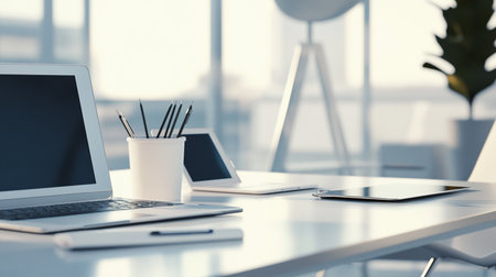 Close up of modern workplace with laptop, tablet and coffee cup. Mock up, 3D Renderingの素材