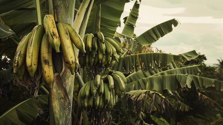 Banana tree with bunch of ripe bananas on plantation in Sri Lankaの素材