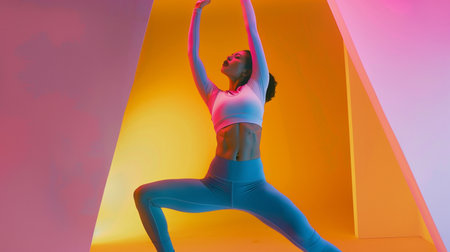 Beautiful young woman in sportswear doing stretching exercise on colorful backgroundの素材