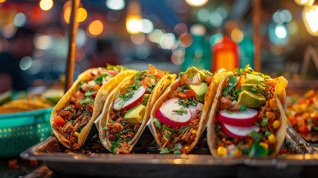 Mexican tacos with meat, vegetables and salsa on street food marketの素材