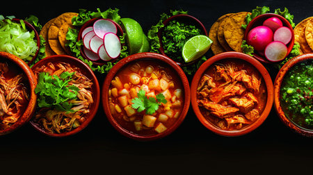 Assorted mexican food in bowls on black background, top viewの素材