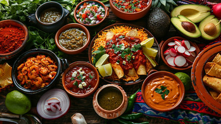 Mexican food background with various mexican dishes, top viewの素材