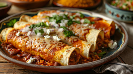 Mexican enchiladas with meat, beans, cheese and sauceの素材