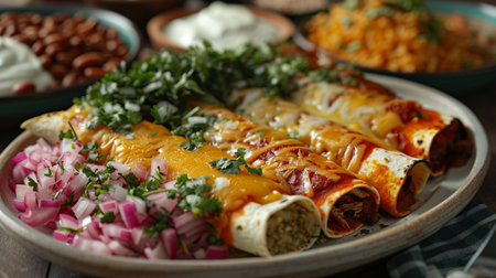 Traditional mexican enchiladas with meat, cheese and vegetablesの素材