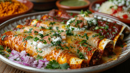 Mexican enchiladas with meat, cheese and vegetables.の素材