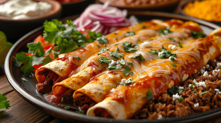 Plate with tasty Mexican enchiladas on table, closeupの素材