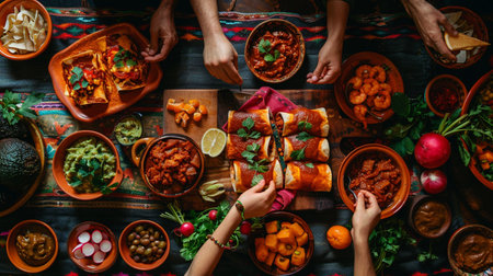 Group of people having a dinner party at home. Top view of a group of people having dinner together.の素材