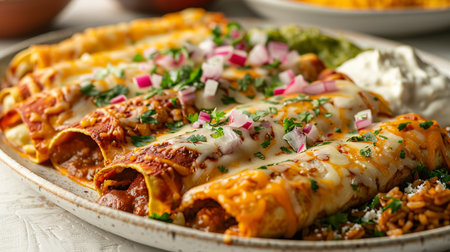 Mexican enchiladas with beef, cheese, onion and guacamoleの素材