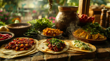 Mexican food, tacos with meat, vegetables and salsa on rustic backgroundの素材