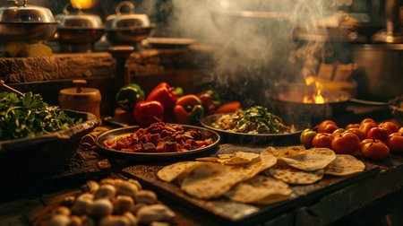 Traditional mexican food with tortillas and vegetables on wooden tableの素材