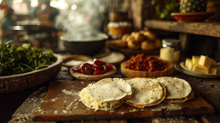 Traditional mexican quesadilla on a rustic wooden tableの素材