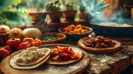 Traditional mexican tortillas with vegetables and cheese on rustic backgroundの素材