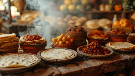 Traditional indian street food at local market in India. Assortment of indian dishes.の素材