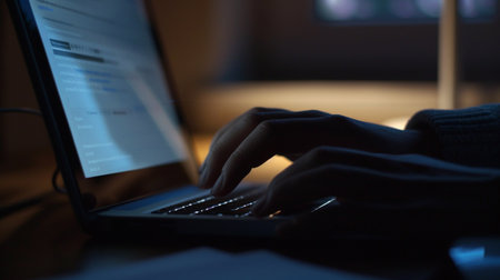 Hacker stealing information from a laptop at night in the dark.の素材