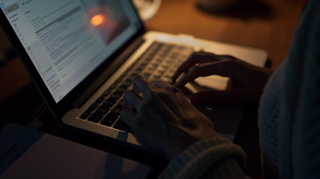 Woman working on laptop at night. Close-up of female hands typing on laptop keyboard.の素材
