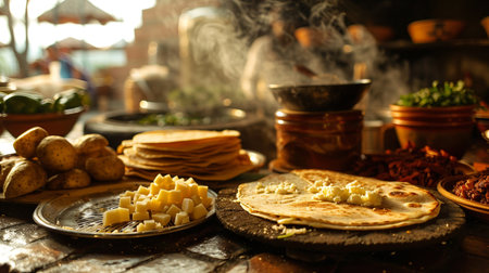 Pancakes with cheese on a wooden table in a restaurant.の素材