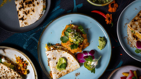 Traditional mexican quesadilla with vegetables and guacamoleの素材