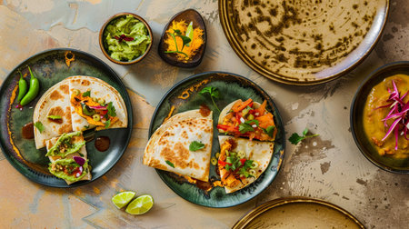Mexican quesadillas with chicken, vegetables and guacamoleの素材