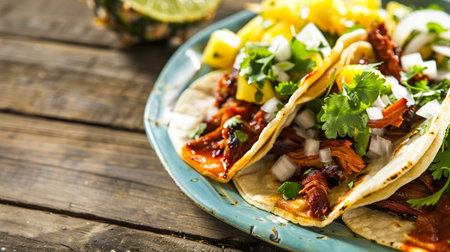 Mexican tacos with dried tomatoes, onions and salsa on wooden backgroundの素材