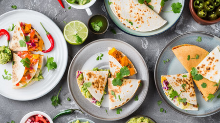 Mexican quesadilla with vegetables and guacamole sauceの素材